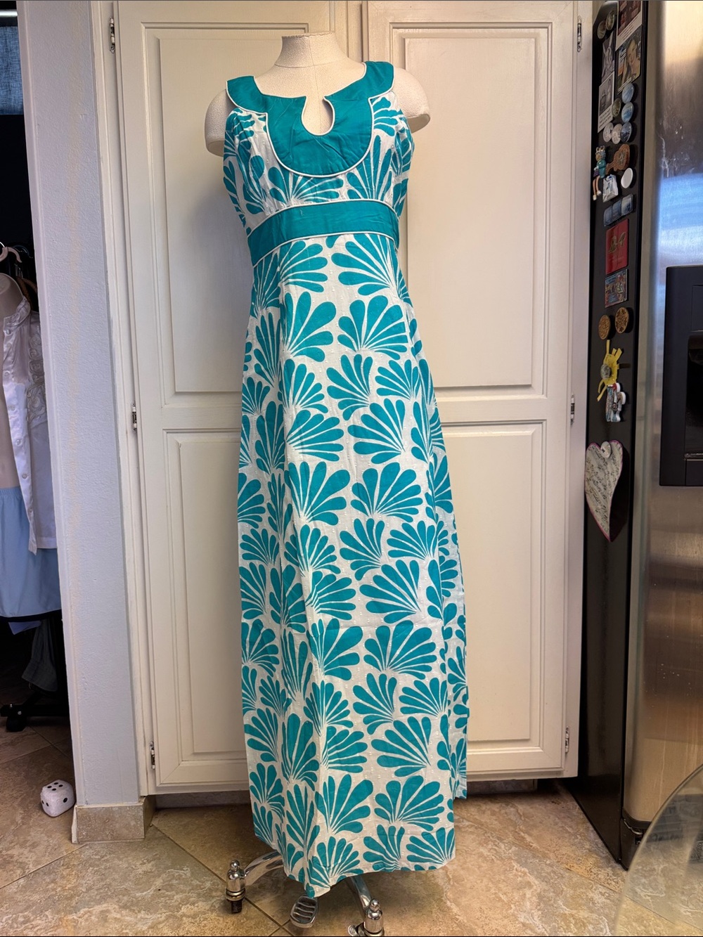 Southern Frock Teal/ White Cotton Maxi Dress with Keyhole Yoke